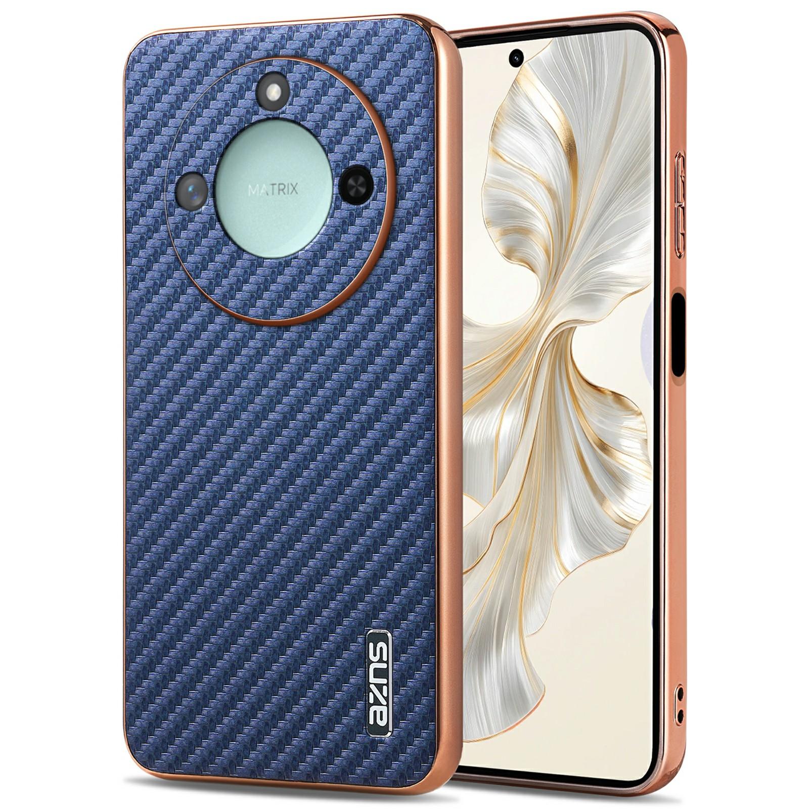 

AZNS For Honor X60 5G Case Electroplating Carbon Fiber Texture PU+TPU Phone Cover Blue