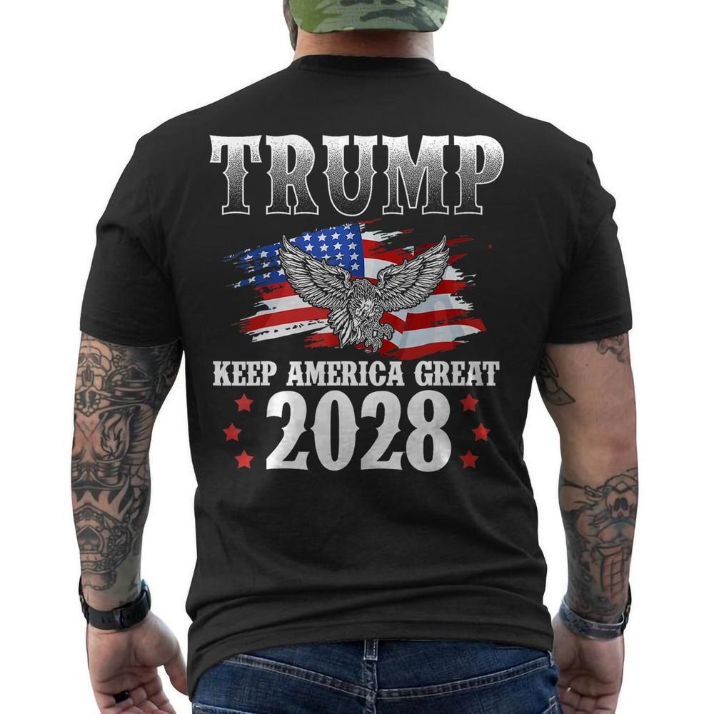 

Trump 2028 Keep America Great American Flag Trump 2028 ON BACK Unisex T-Shirt 3XL