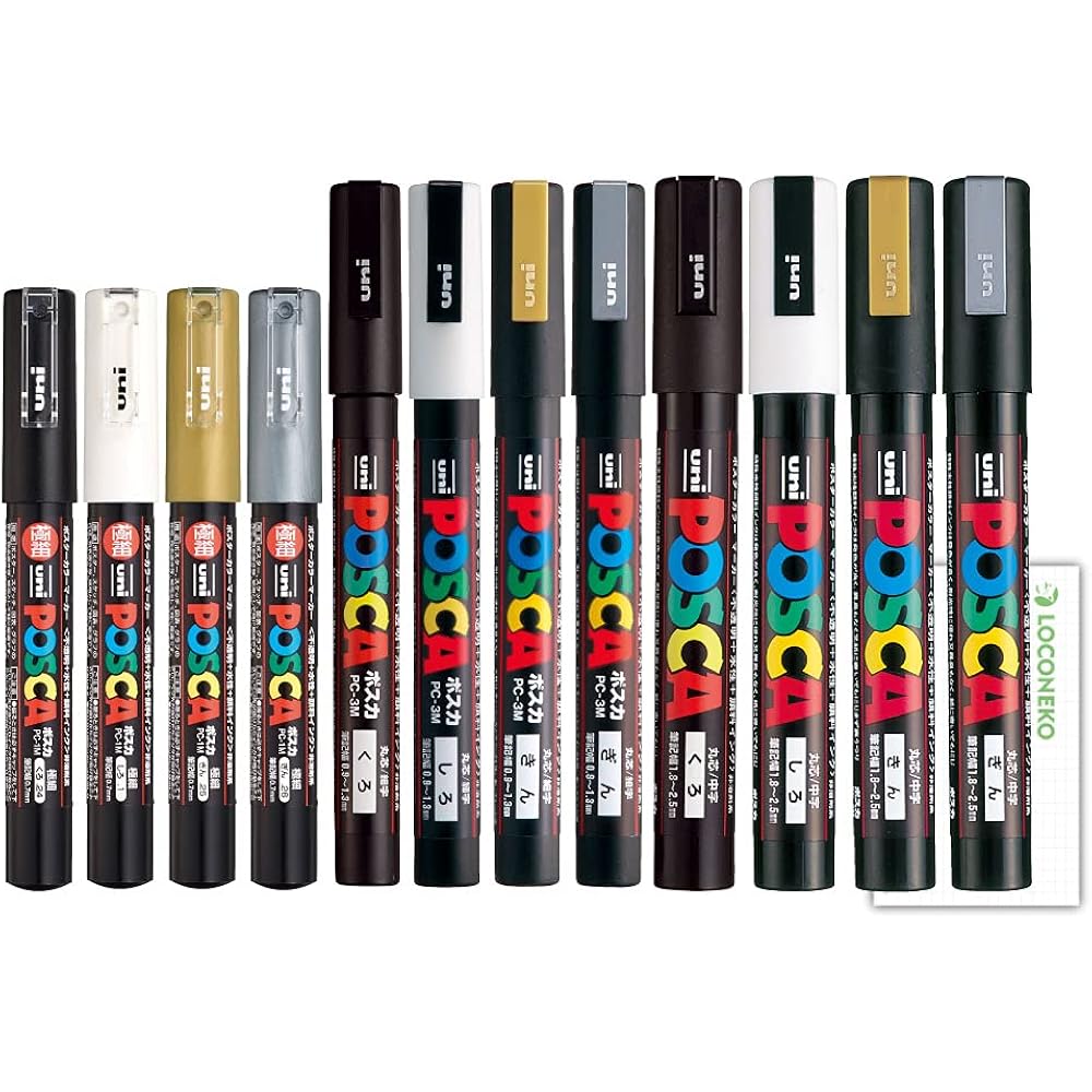 Mitsubishi Pencil Water-based Marker, Posca, Black, Platinum, Silver, PC-1M, 3M, 5M, 3 Lead Width...