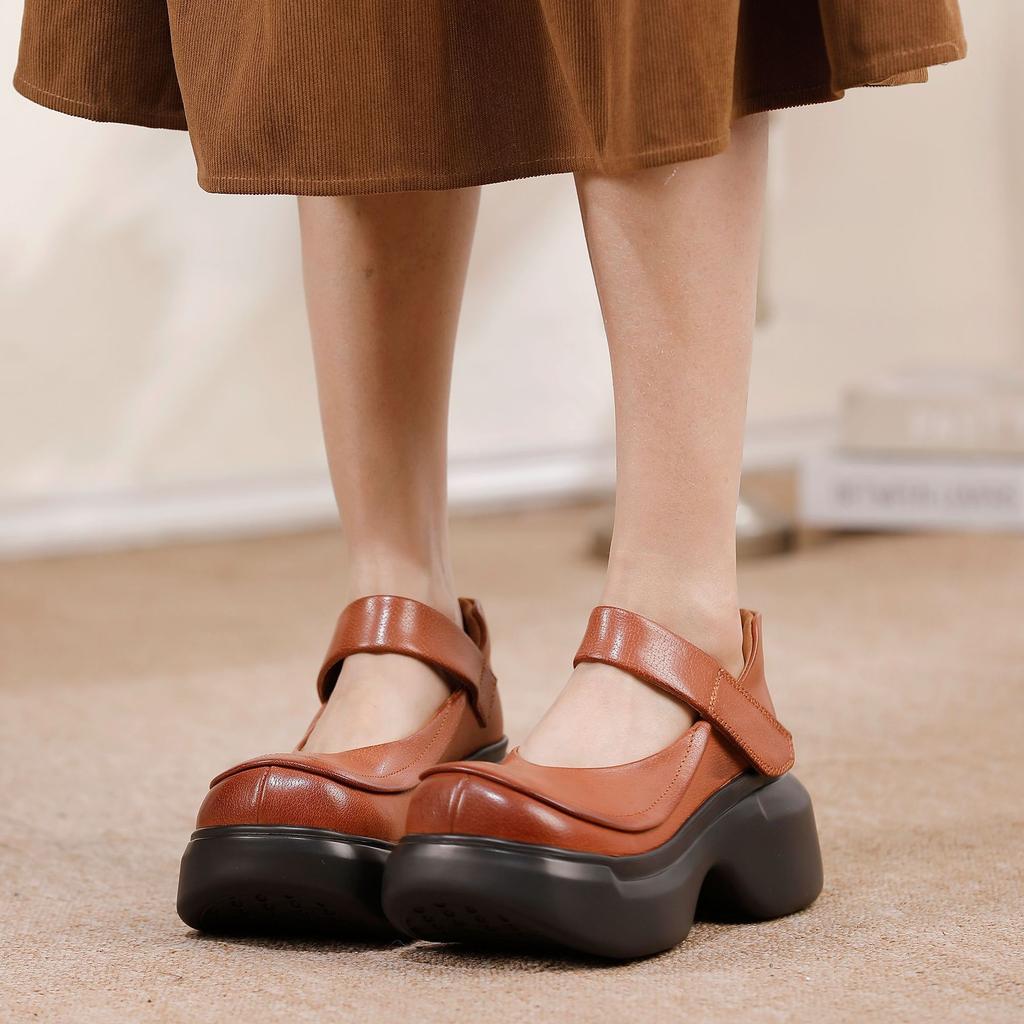 Johnature Plateau-Pumps Retro Echtes Leder Runde Spitze Vielseitige Damen-Plateauschuh