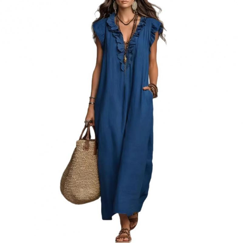 2026 Spring/Summer New Bohemian Style Long Dress for Women with Flutter Sleeves, Casual Solid Color Long Dress