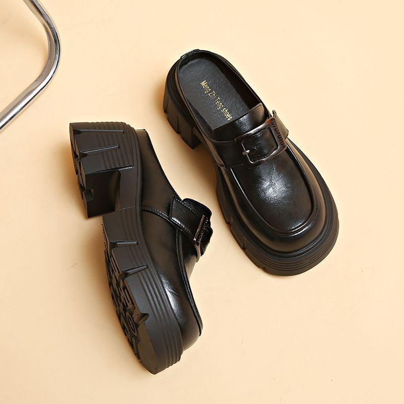 Half slippers, women's British-style retro leather shoes, muffins, thick-soled slippers, buckle straps, 2025 spring/summer sandals trend