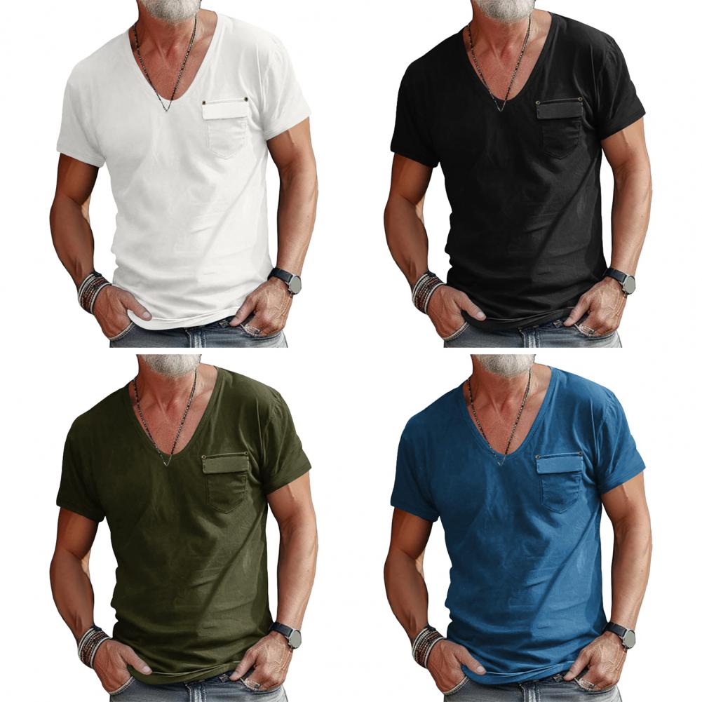 Men Summer T-shirt V Neck Short Sleeves Solid Color Stretchy Chest Pocket Thin Quick Dry Simple Style Casual Daily Wear Sport To