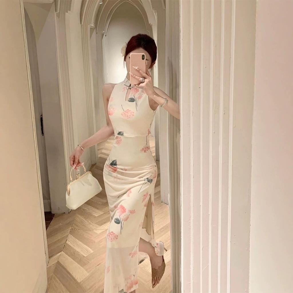 New Chinese National Style Improved Cheongsam Dress Women's Summer Mesh Skirt Sexy Tight Split Hip Wrap Mid-length Dress