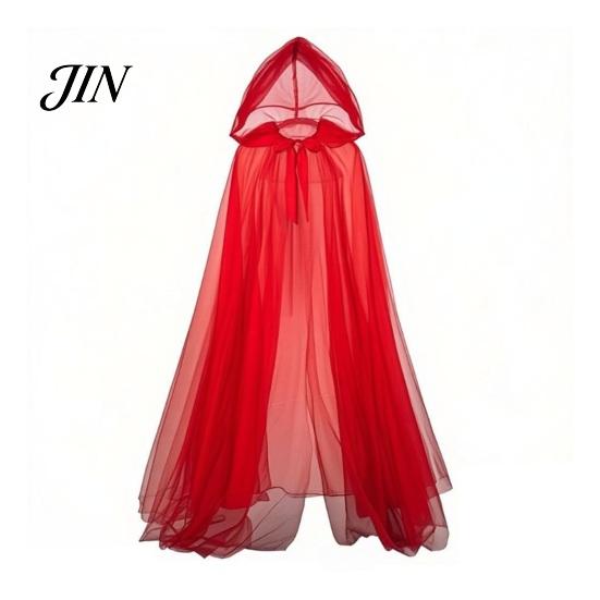 Little Red Riding Hood Cape Hooded Mesh Cloak for Adults, 2 Layer Sheer Tulle Cape, Halloween Gothic Witch Queen Cosplay Costume Renaissance