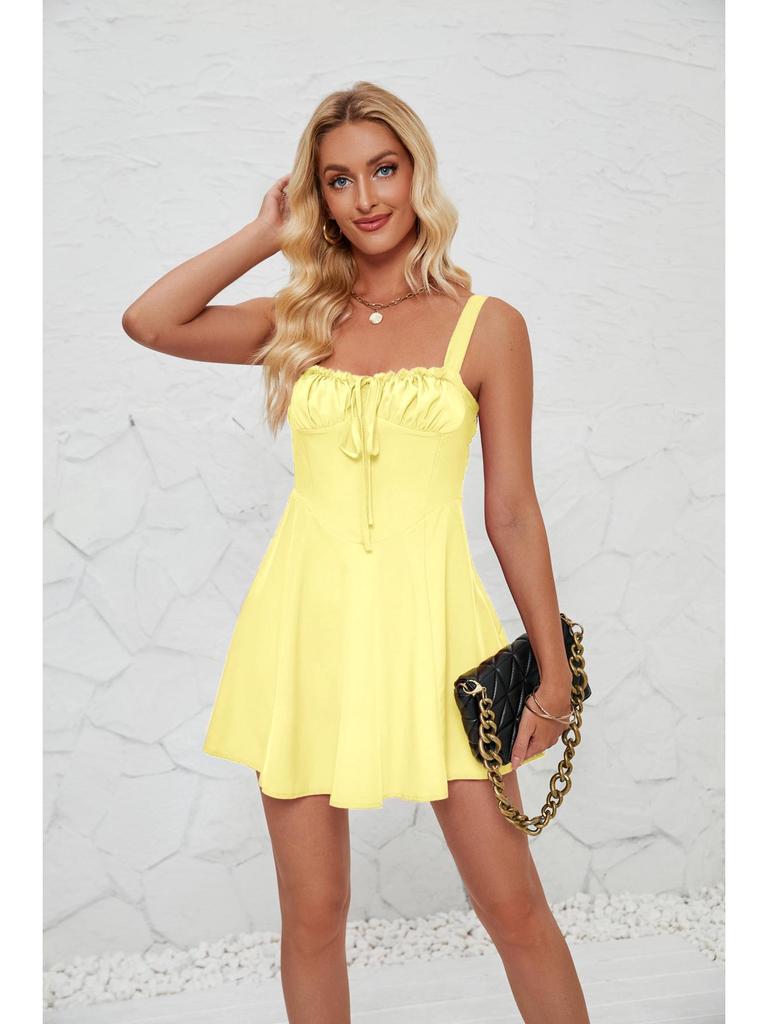 European Summer Strapless Lace-Up Solid A-Line Mini Dress