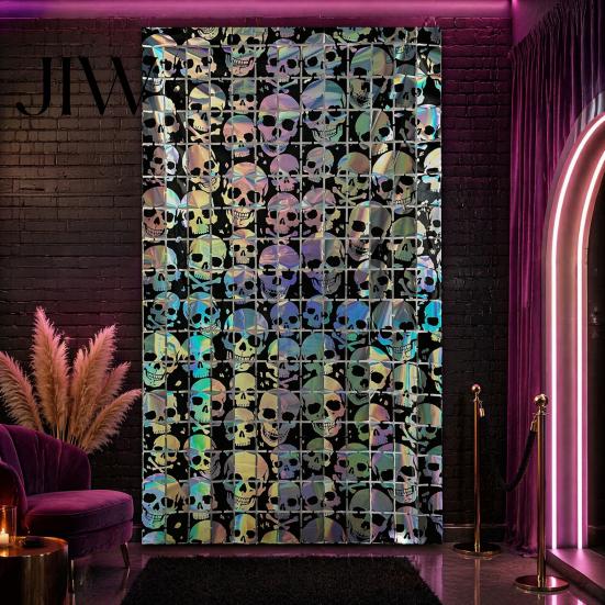 Holiday Wall Decor Halloween Skull Foil Fringe Curtain, Iridescent Disposable Tablecloth, Theme Decoration Table Cover Tinsel Backdrop for Party