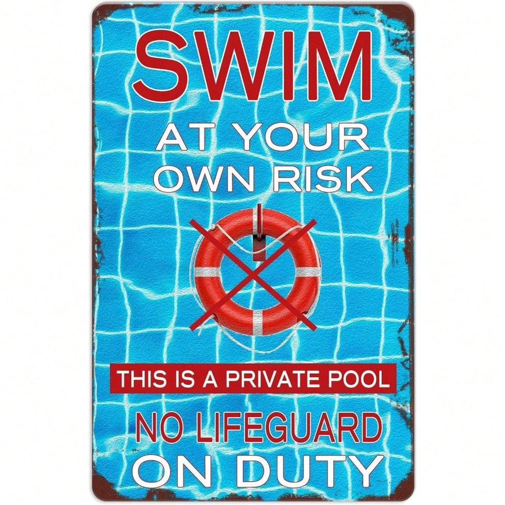 Warning Swimming Pool Swim At Your Own Risk, Retro Metal Tin Sign for Wall Garage