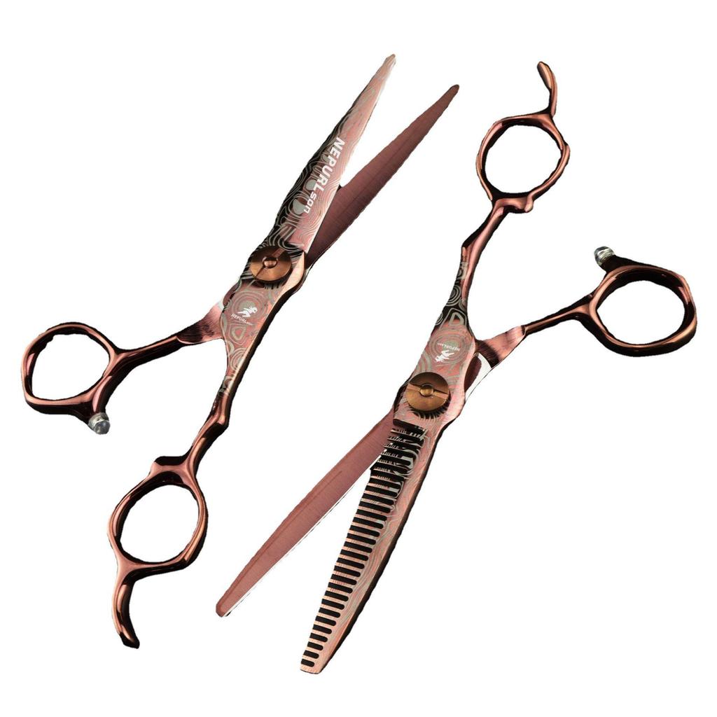 6.0-Inch Bronze Gold Damascus Steel Hairdressing Thinning Scissors with Serrated Blade