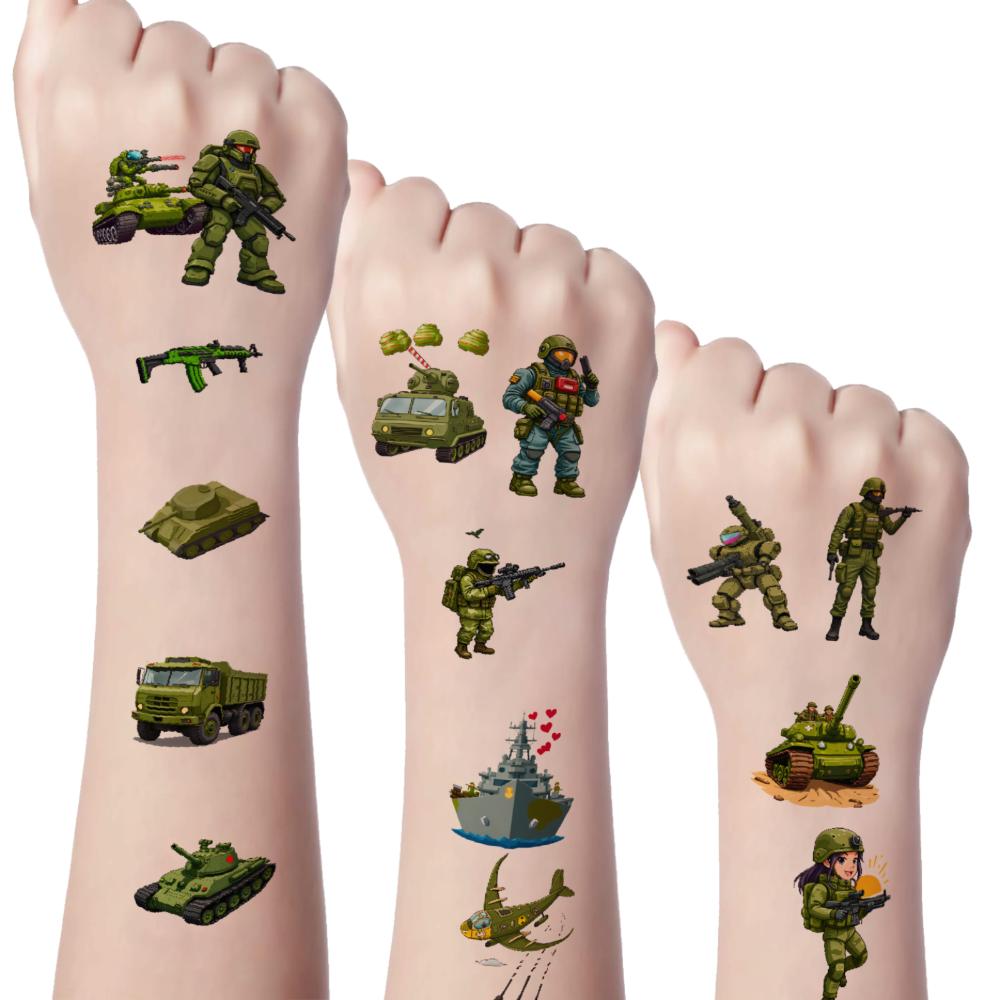 63pcs Temporary Tattoo Army Figures Temporary Tattoo Stickers Military Vehicles Tank Illustrations Cartoon For Children Girls