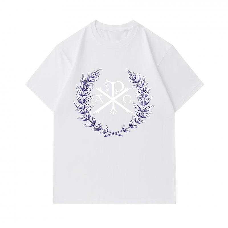Men's 100% Cotton Crew Neck Short Sleeve T-Shirt, Chi Rho Alpha Omega Laurel Wreath Print Casual Comfortable Breathable Fashion Tee for Daily Wear Rel