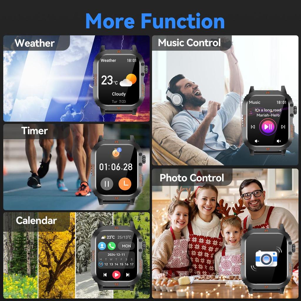 Robustes und langlebiges Militär-Smartwatch 1500mAh Akku 30-Tage Blouetooh Anruf Multifunktionalität, LED-Taschenlampe 150 Sportmodi Android iPhone.