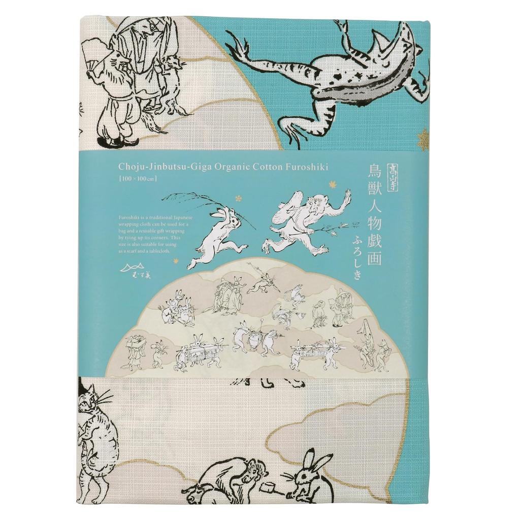 Musubi Furoshiki Choju Jinbutsu Giga of Animals and Lotus Leaf Organic Cotton 100cm, (Caricature People) Design, Turquoise,