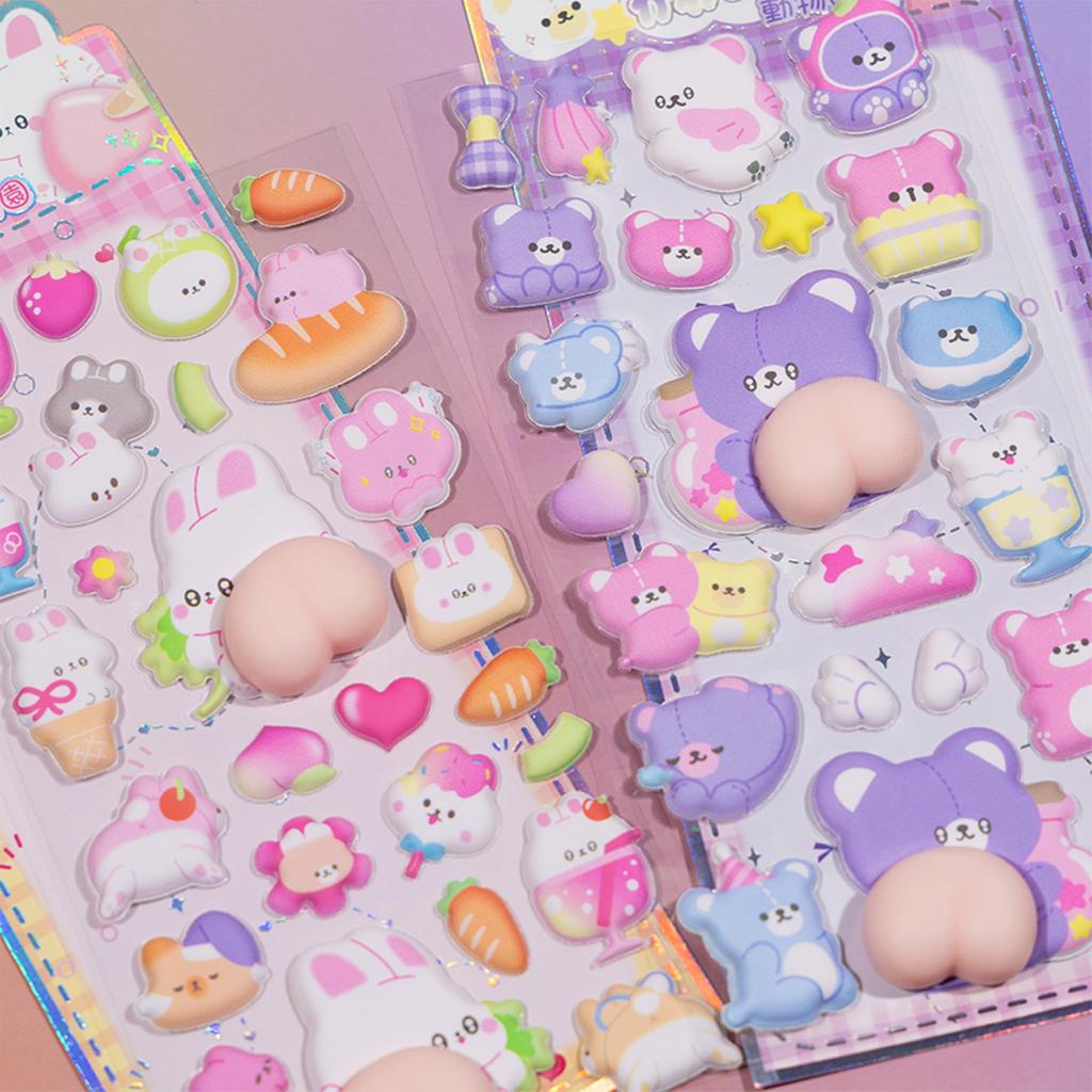 Squishy Butt Stickers of Cute Animal Character 3D Reward Stickers for Sticker Water Bottle Decor (Set 4) Stickers, Girls, Planner, Book, Notebook,