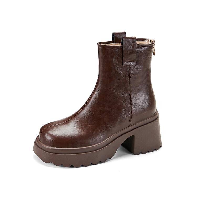 Fashion NEW Winter Women Boots Split Leather Shoes for Women Round Toe Chunky Heel Shoes Casual Zip Platform Shoes Warm Wool Snow Boots