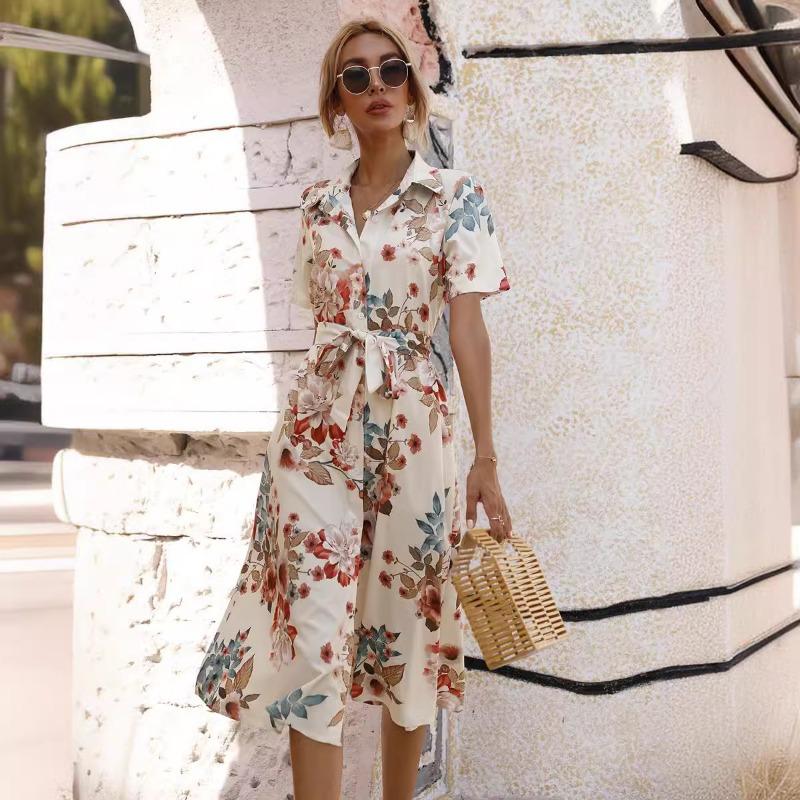 Summer Short Sleeve Women Floral Printed Shirt Dress Single-breasted Loose Casual Office Holiday Lace-up A-line Party Dresses Elegant Fashion Clothng