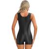 Womens Glossy Sleeveless Short Jumpsuit Solid Color U Neck Bodysuit