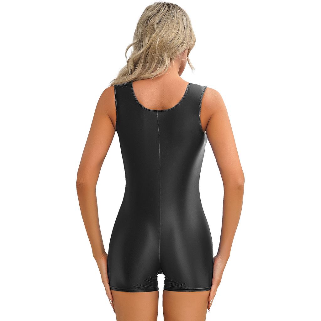 Womens Glossy Sleeveless Short Jumpsuit Solid Color U Neck Bodysuit