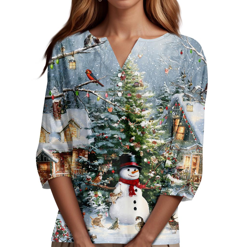 Women's Fashion Casual Halloween Printed V-Neck Short Sleeve Decorative Button Three-quarter Sleeve T-shirt Top