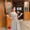 French Retro Black and White Polka Dot Small Flying Sleeve Dress Seaside Vacation Gentle Wind Waist Temperament Long Dress Women's Summer