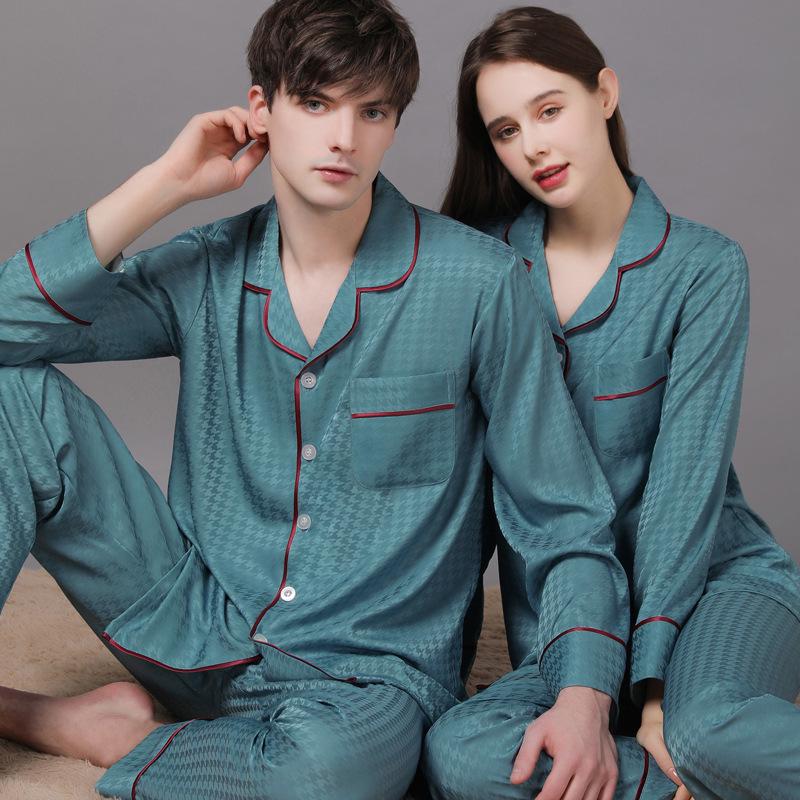 2022 Jarní a podzimní pár pyžam z ledového hedvábí - Dámské a pánské dlouhé kalhoty, nadměrná velikost, domácí oblečení