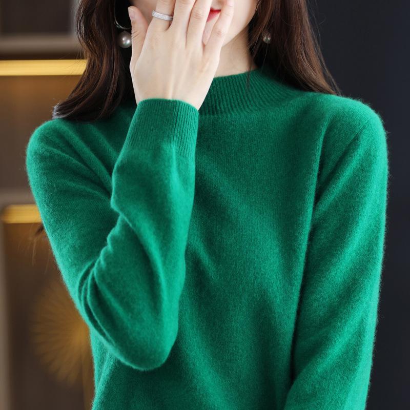 Women's Pure Wool Ribbed Sweater - Autumn/Winter Loose Fit Semi-High Neck Pullover
