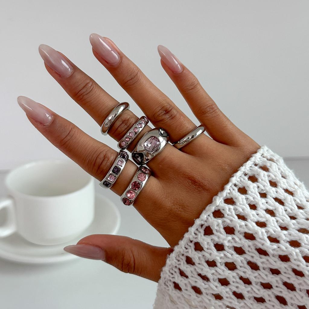 Salircon Exquisite 6Pcs/set Inlaid Purple zircon Adjustable Opening Ring Women Smooth Gold Color Ring Female Daily Jewelry Gift