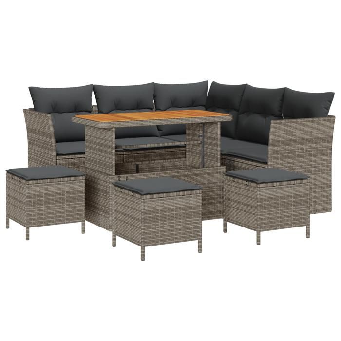 Ensemble de Canapé de Jardin de 9 Pièces Avec Coussins Gris Poly Rattan Acacia, Ensemble de Salle à Manger de Jardin de 4 3361493