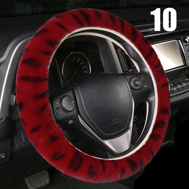 Luxury Leopard Winter Car Steering Wheel Cover Fur Imitation Rabbit Hair Soft Plush Gear Handbrake Case Car Interior