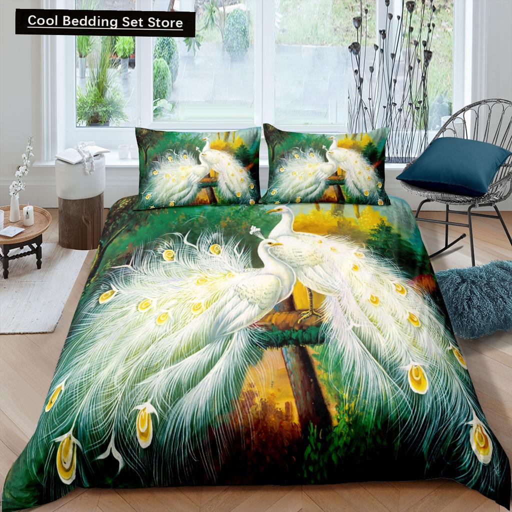 Pfau Bettbezug King Queen Größe Kolibri Libelle Bettwäscheset Blumen Vögel Bettdeckenbezug Floral Tiere Bettdeckenbezug