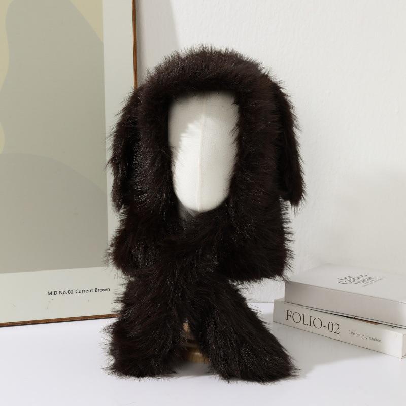

Осенне-зимний плюшевый шарф-шапка: Теплая, защищающая уши шапка-ушанка Лэй Фэн с кроличьими ушками One size темно-коричневого