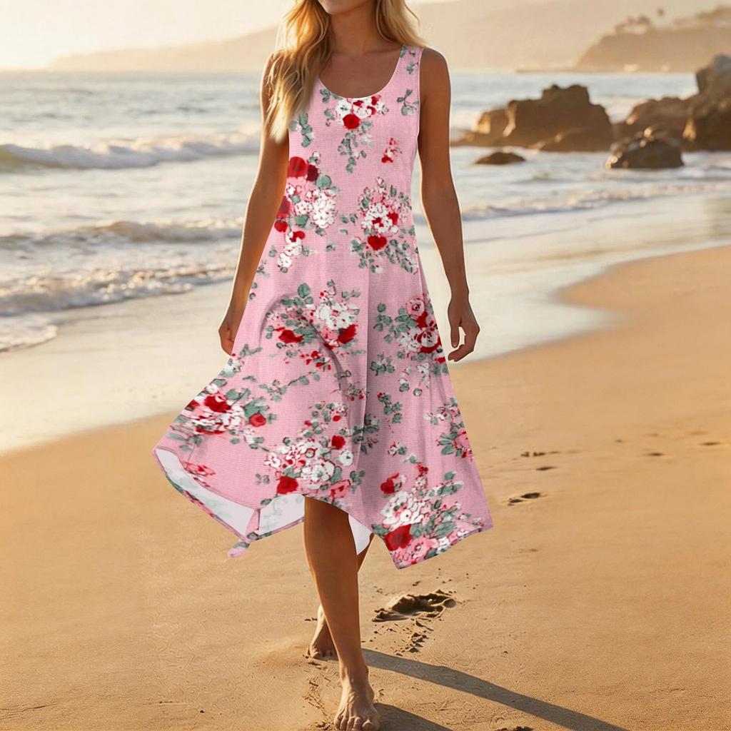 Ärmelloses Sommerkleid mit Blumenprint für Damen, Rundhalsausschnitt, unregelmäßiger Saum, mittellang, leicht, bequem
