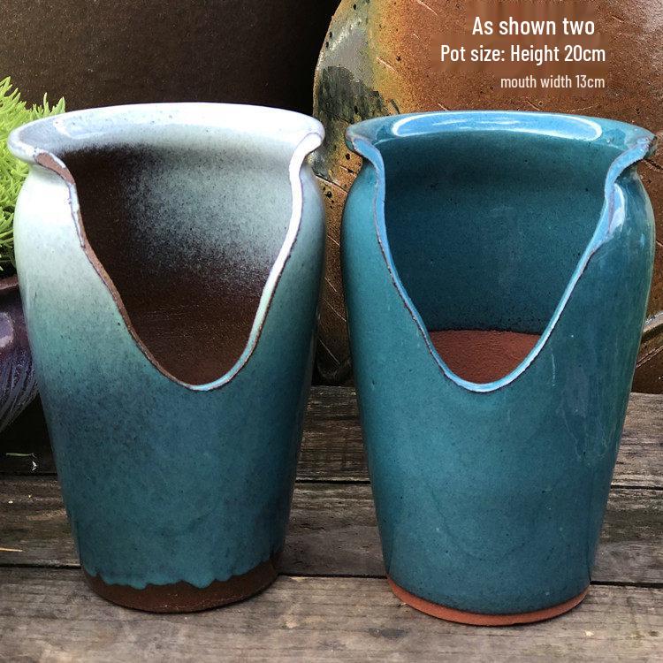 Handmade Coarse Pottery Wide-Mouth Flower Pot - Ceramic Zisha Succulent Planter with Rustic Cut-Edge Design for Chlorophytum