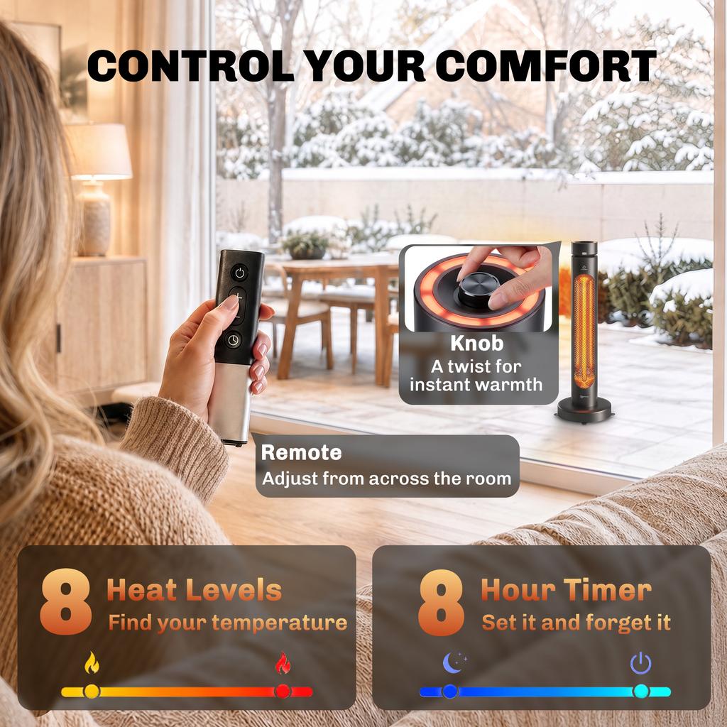 2000 W Electric Infrared Patio Heater, Free Standing Oscillating Outdoor Garden Heater with Knob/Remote Control, Black