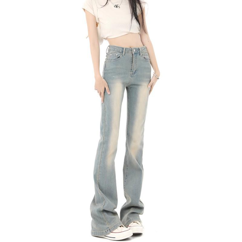Light blue slightly pulled jeans women's retro high waist loose and thin Spice girl design sense mopping floor straight flared pants
