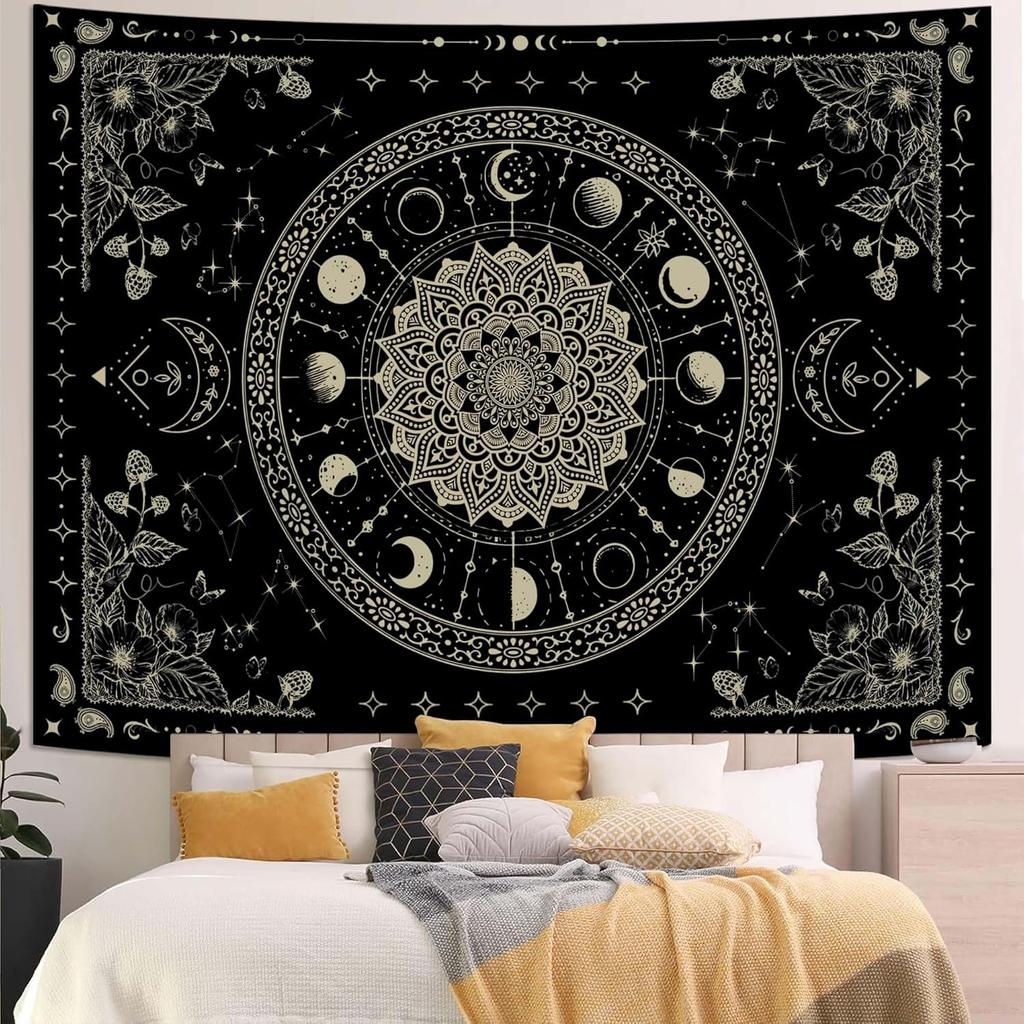 Mandala Moon Tapestry Boho Tapestry for Bedroom Black Tapestries Wall Hanging Living Room Wall Art and Home Decor