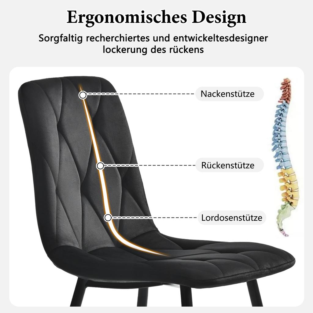 Esstisch und Stuhl Set (5-teilig), Moderner, Schlichter Runder Tisch mit Marmorplatte und Schwarzen Metallbeinen + 4 Ergonomische Stühle aus Schwarzem Wildleder