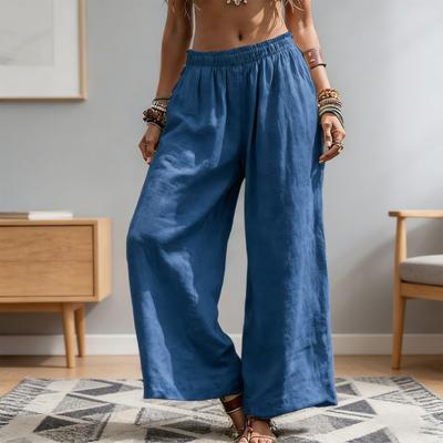 Women Pants Solid Color Wide Leg Trousers with Elastic Waist Spring Autumn Casual Long Pants Work Travel Daily Wear