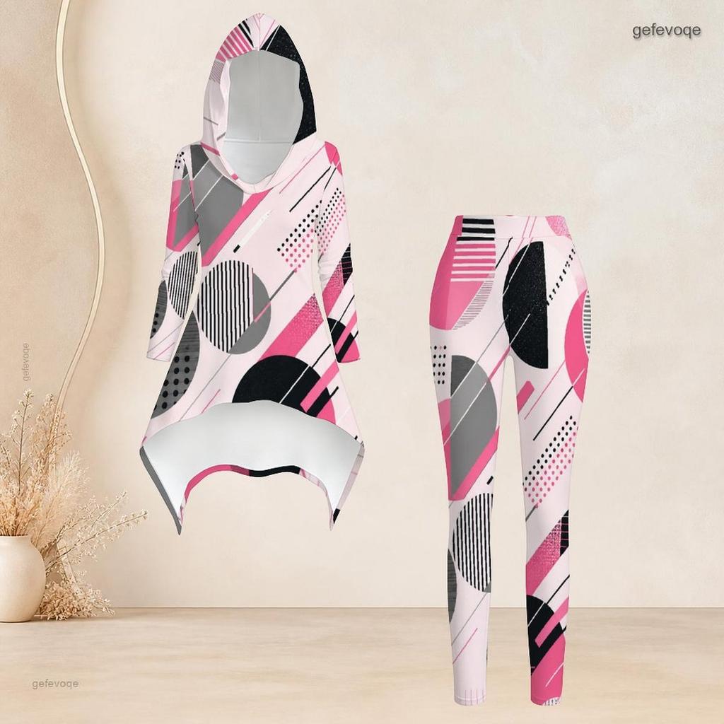 Women Plus Size Geometric Printed Hooded Long Sleeve High Low Top Fitted Pants Set