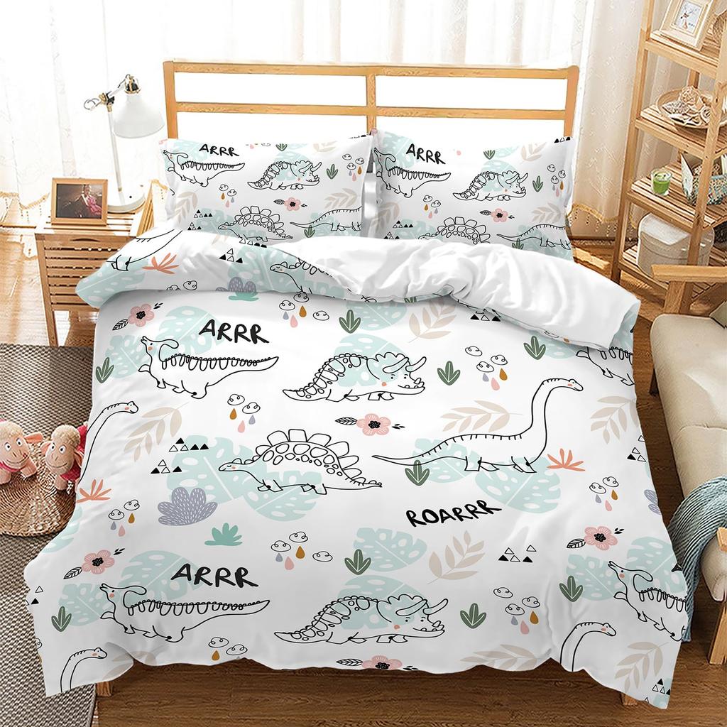 Kawaii Dinosaur Duvet Cover Set Cartoon Animal Theme Bedding Set For Kids Teenagers Bedroom Decor Double Queen King Quilt Cover