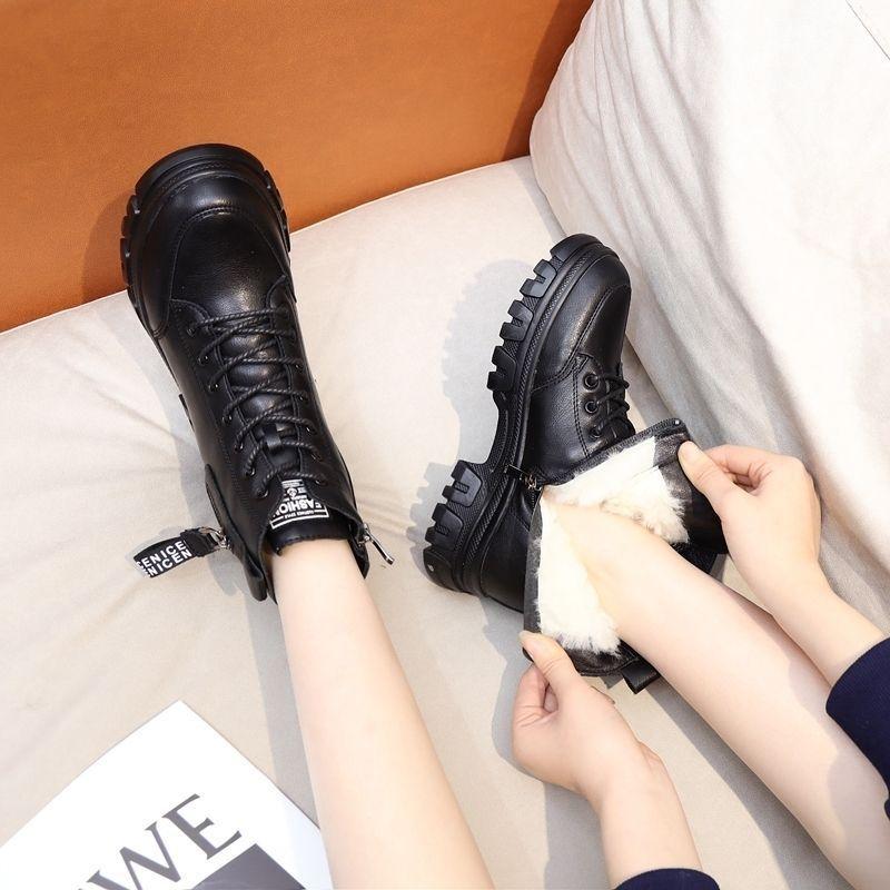 Zacht leer dikke bodem snowboots dames winterbont One Plus fluwelen dikke katoenen laarzen dikke bodem warme katoenen schoenen