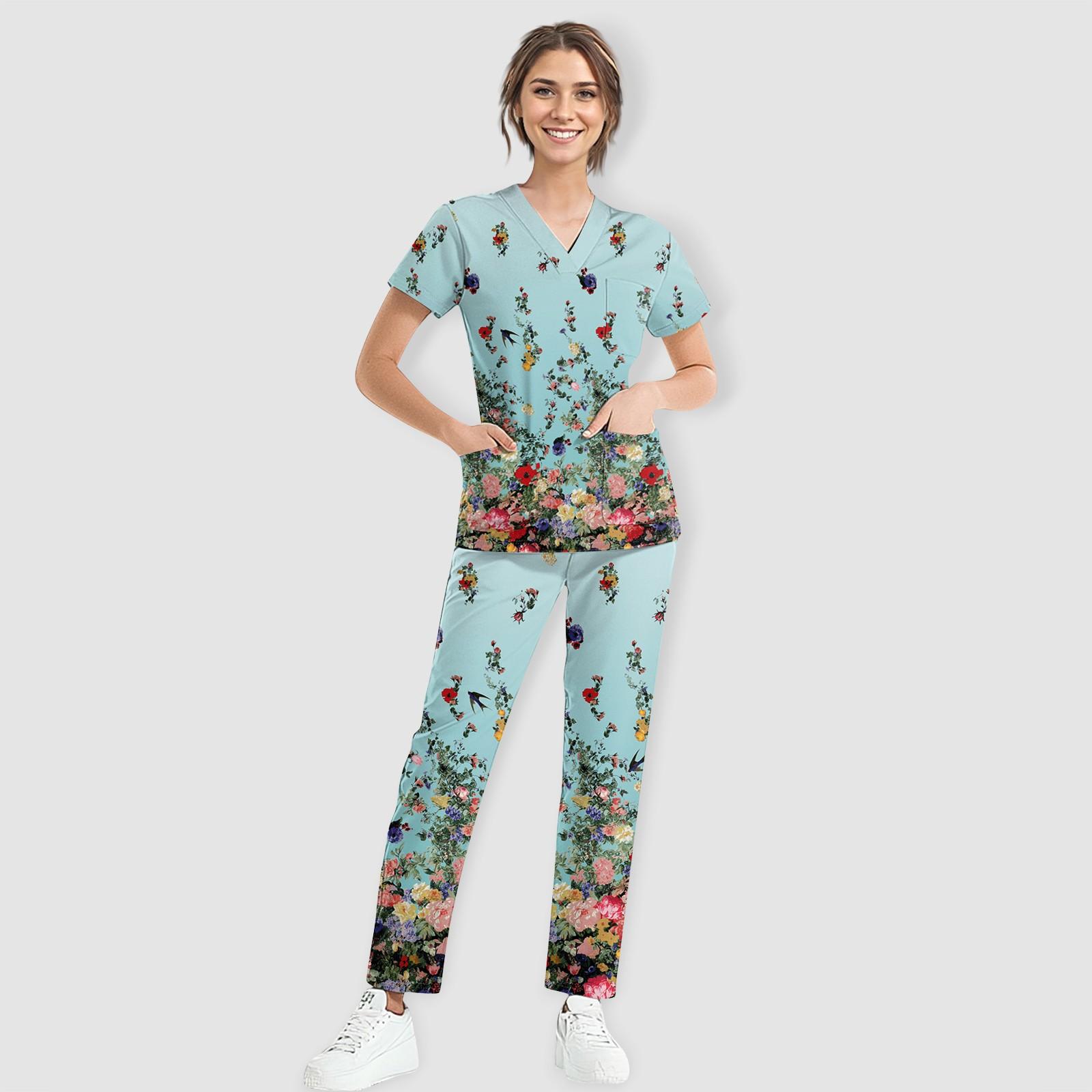 

Женский рабочий топ с коротким рукавом, V-образным вырезом, цветочным принтом, нагрудным карманом, эластичным поясом, брюки, комплект из двух предметов, 3 кармана, женские топы-халаты XXL