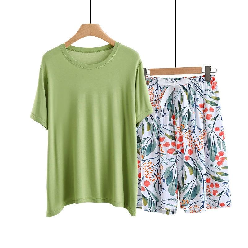 Summer Solid color Tshirts and Print shorts Simple Homewear O-Neck Loose Tshirts and Poplin short pants Casual sleepwear suits