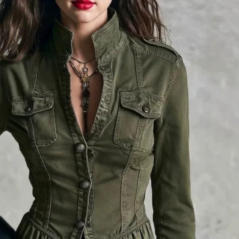 Vintage Washed Cargo Jacket Womens Retro Casual Long Sleeve Stand Collar Everyday Outerwear