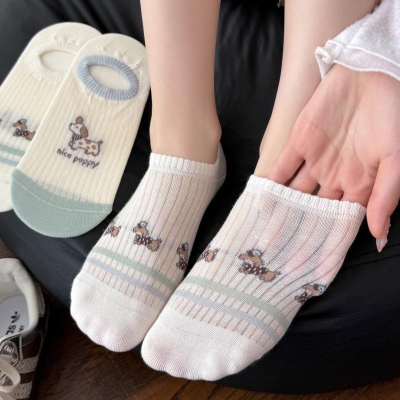 Spring and Summer Cartoon Spotted Striped Boneless Anti-Slip Invisible Socks for Women - Thin Cotton Boat Shoes