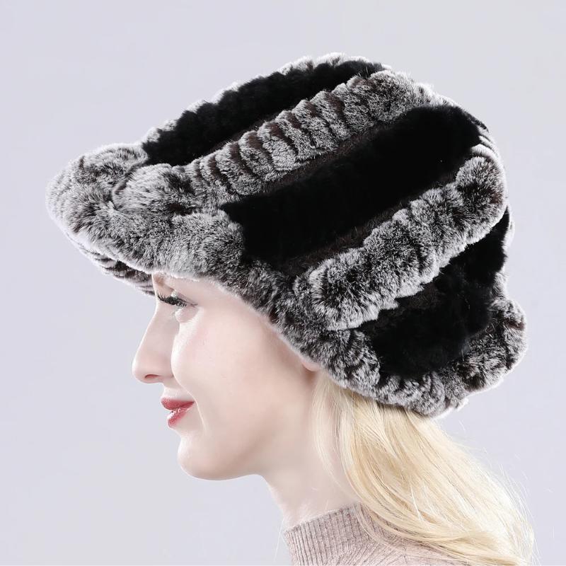 Lady Real Rex Rabbit Fur Hat Winter Knitted Natural Rex Rabbit Fur Caps Russia Women Warm Real Fur Beanies Hats