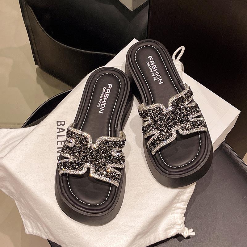 

Slope heel rhinestone cool slippers women s high heel soft leather Korean version thick bottom H half drag summer outer wear muffin bottom one-wor 40 чёрный