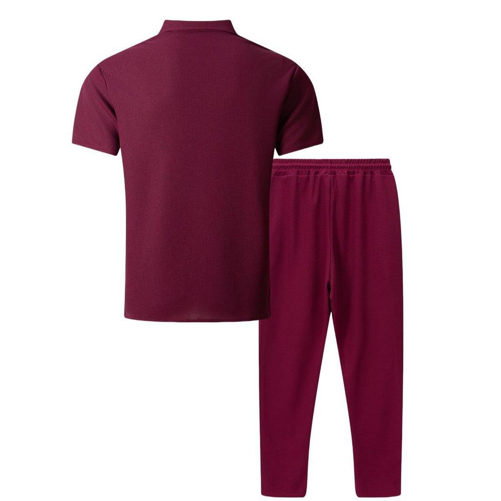 Sommer Kurzarm Revers Waffel Zweiteiler Set mit Knopf Tasche Hemd und Hose