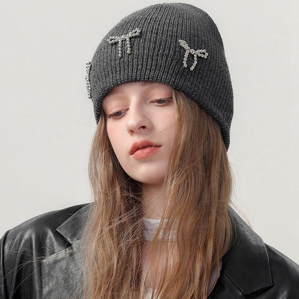 Bowknot Knitted Hat Wool Hat Knit Cap Casual Pearl Bow Beanies Girls