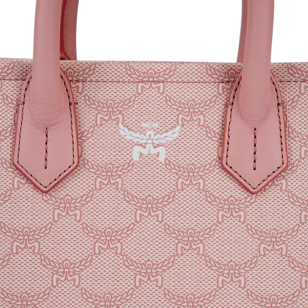 MCM Pink Lauretos Jacquard Small Tote Bag with Leather Handles & Detachable Strap for Daily & Casual Use